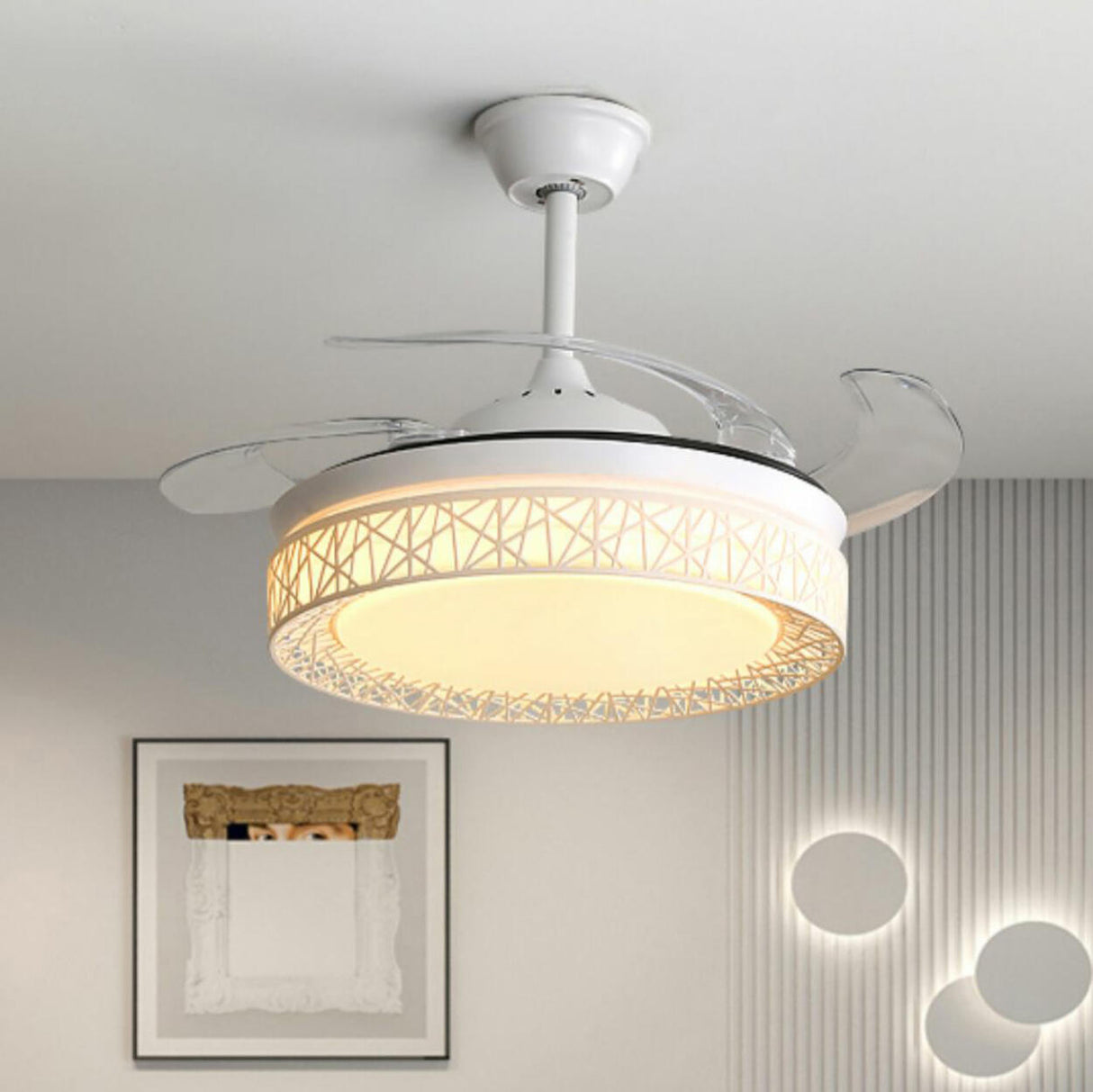 Elegant White Hollow Round Ceiling Fan with LED Light Image - 16