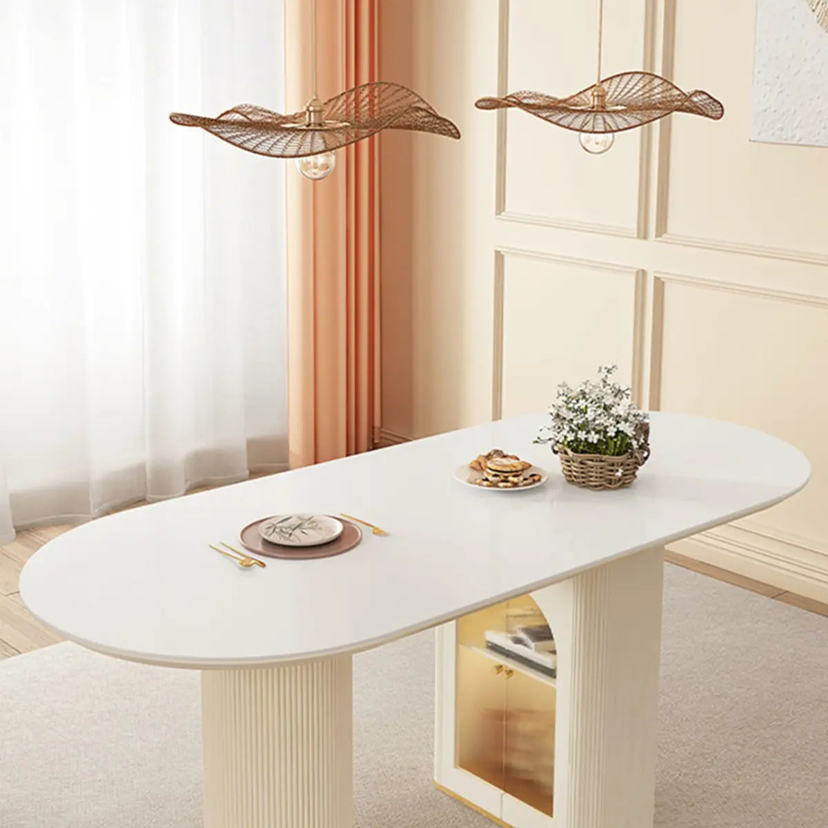 Elegant White Oval Extendable Dining Table Double Pedestal Image - 9