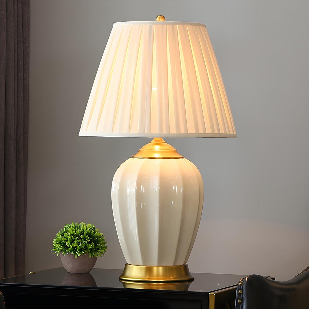 Elegant White Pleated Fabric Shade Ceramic Table Lamp Image - 1