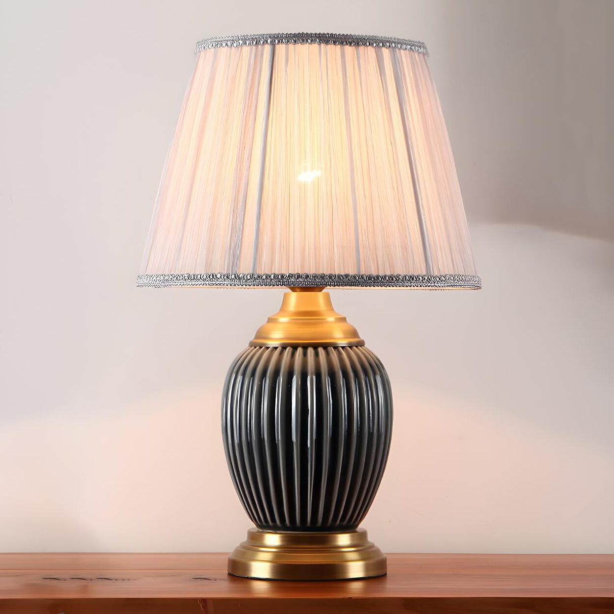 Elegant White Pleated Fabric Shade Ceramic Table Lamp Image - 14