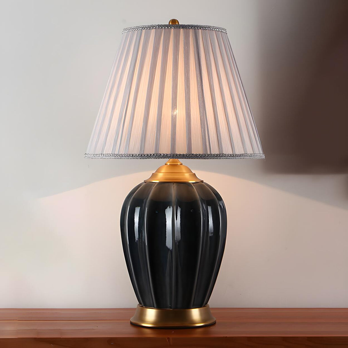 Elegant White Pleated Fabric Shade Ceramic Table Lamp Image - 21