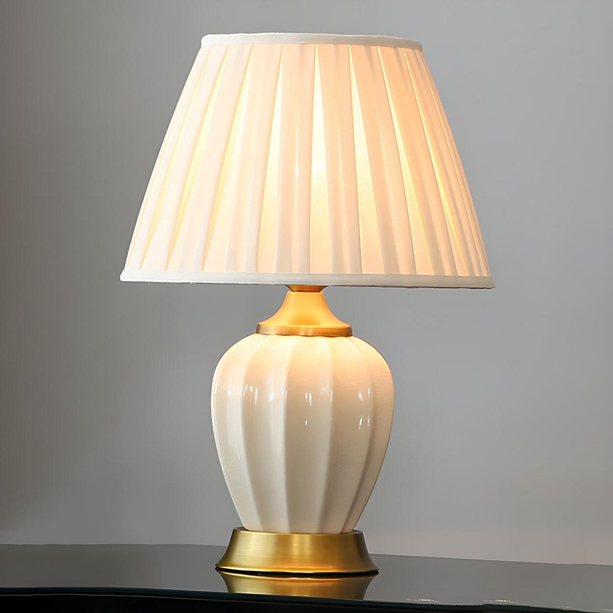 Elegant White Pleated Fabric Shade Ceramic Table Lamp Image - 4