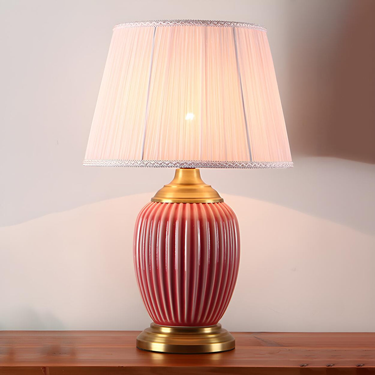 Elegant White Pleated Fabric Shade Ceramic Table Lamp Image - 5