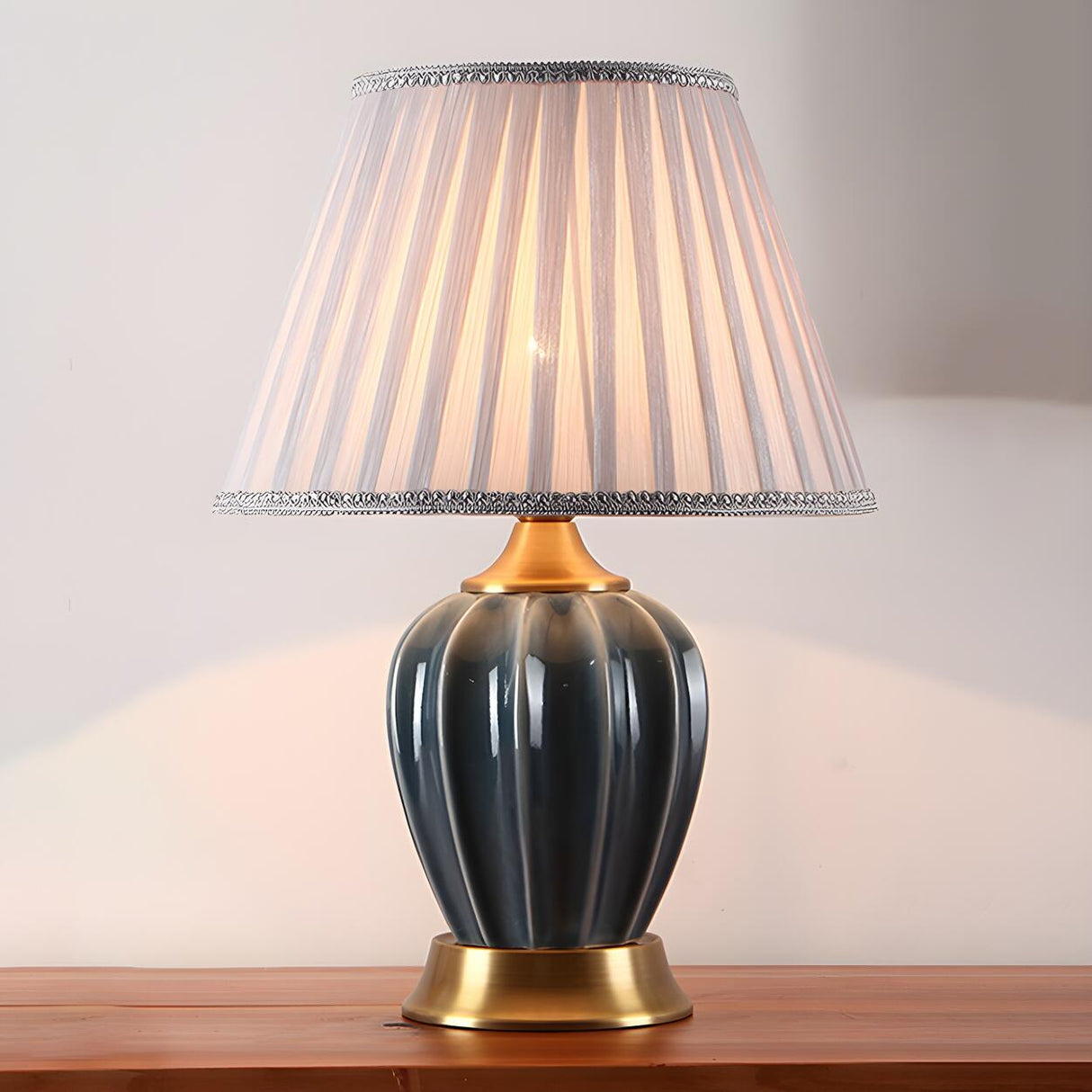 Elegant White Pleated Fabric Shade Ceramic Table Lamp Image - 7