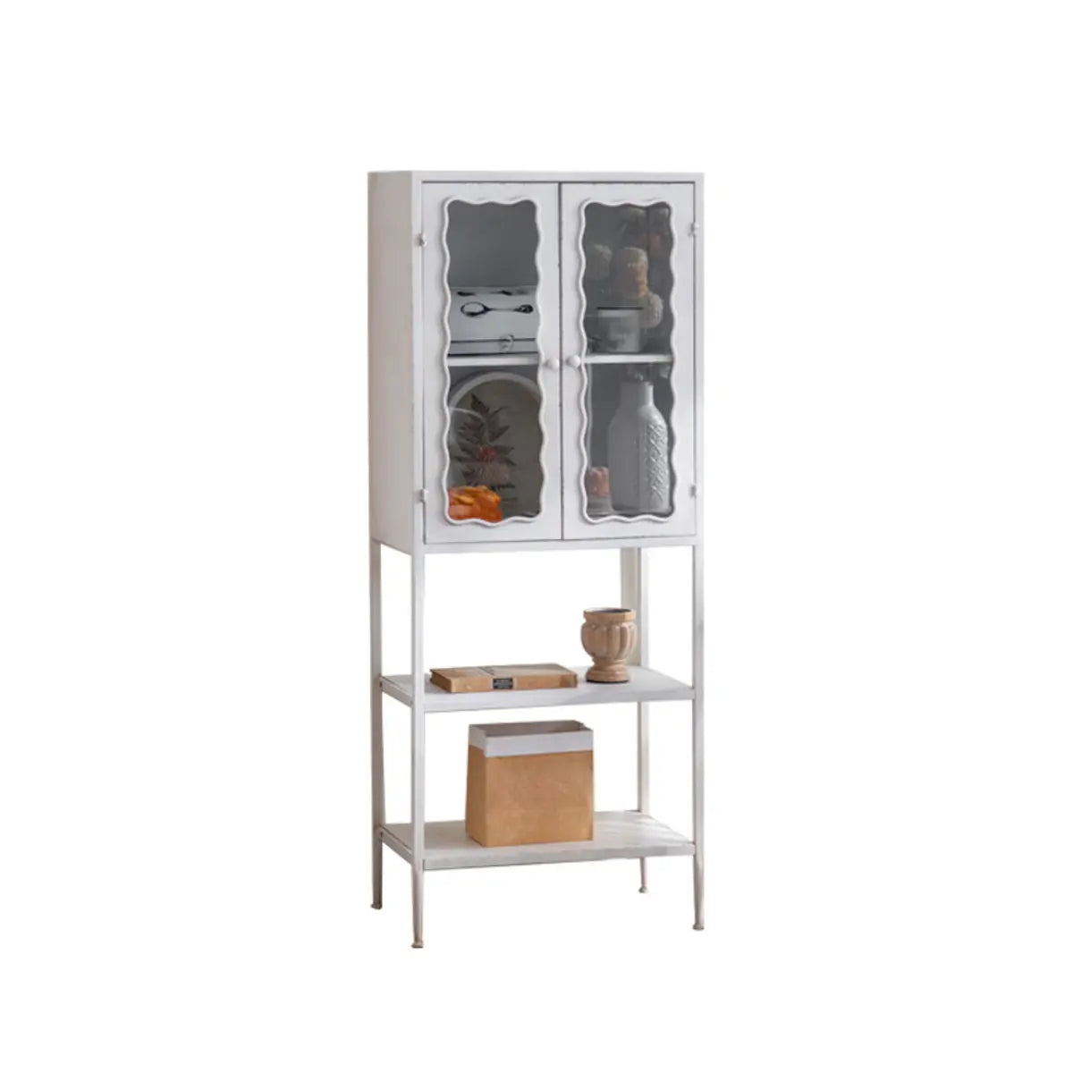 Elegant White Wave Design Metal Storage China Cabinet Image - 5