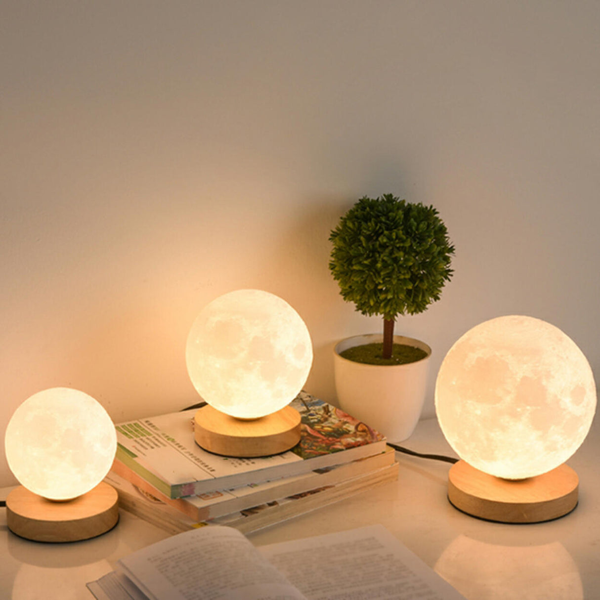 Elegant Wood Base Globe Shade Moon Bedroom Table Lamp Image - 4