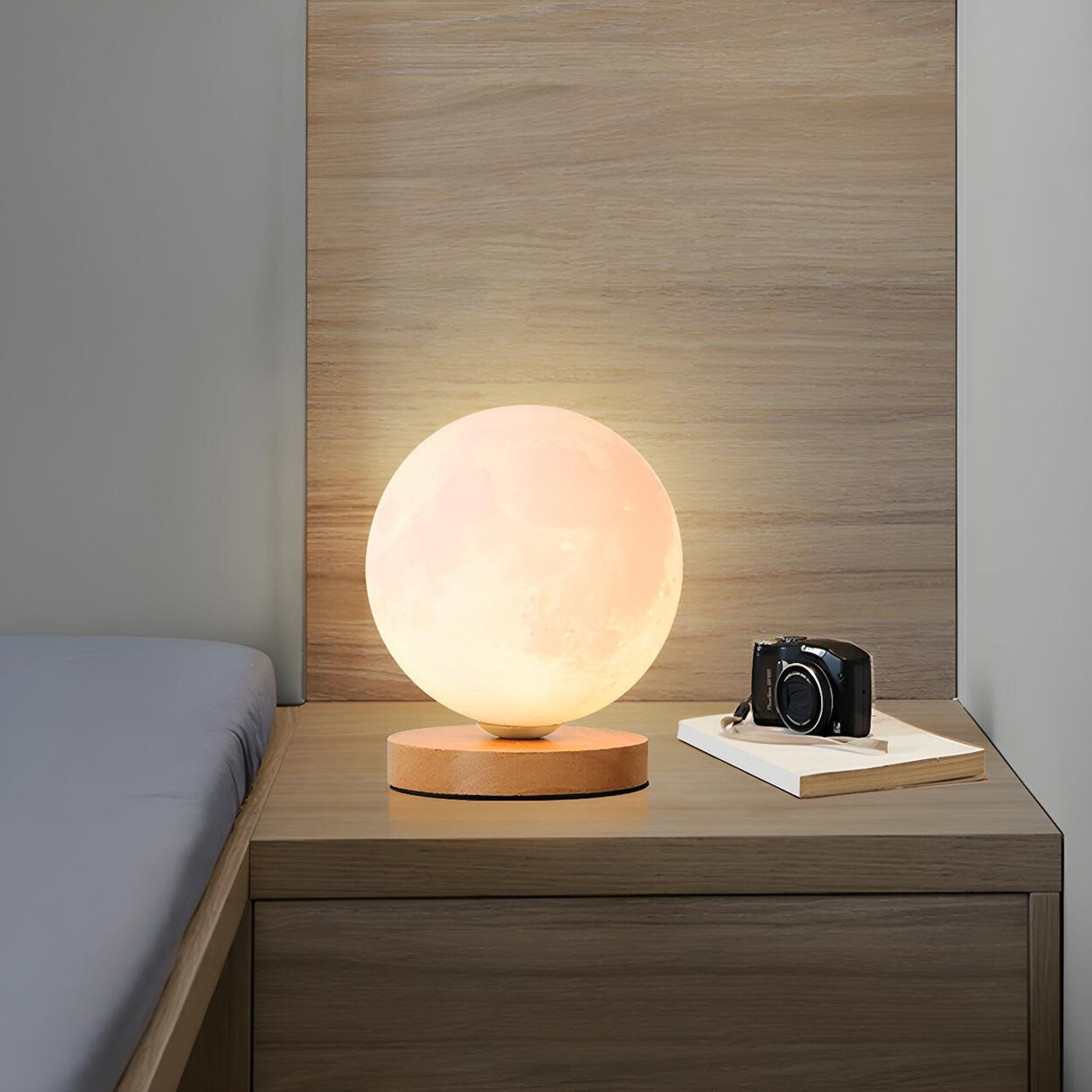 Elegant Wood Base Globe Shade Moon Bedroom Table Lamp Image - 5