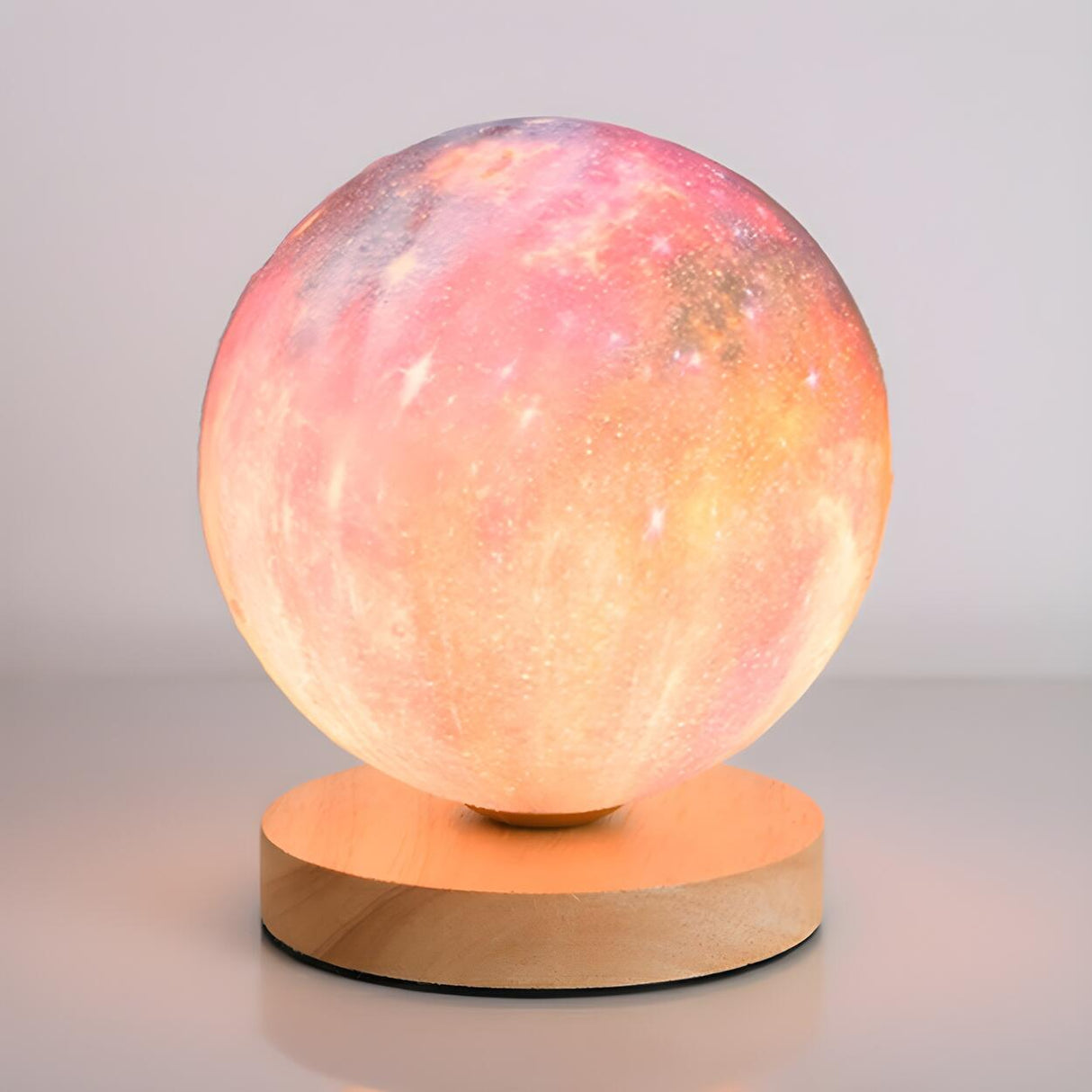 Elegant Wood Base Globe Shade Moon Bedroom Table Lamp Image - 9