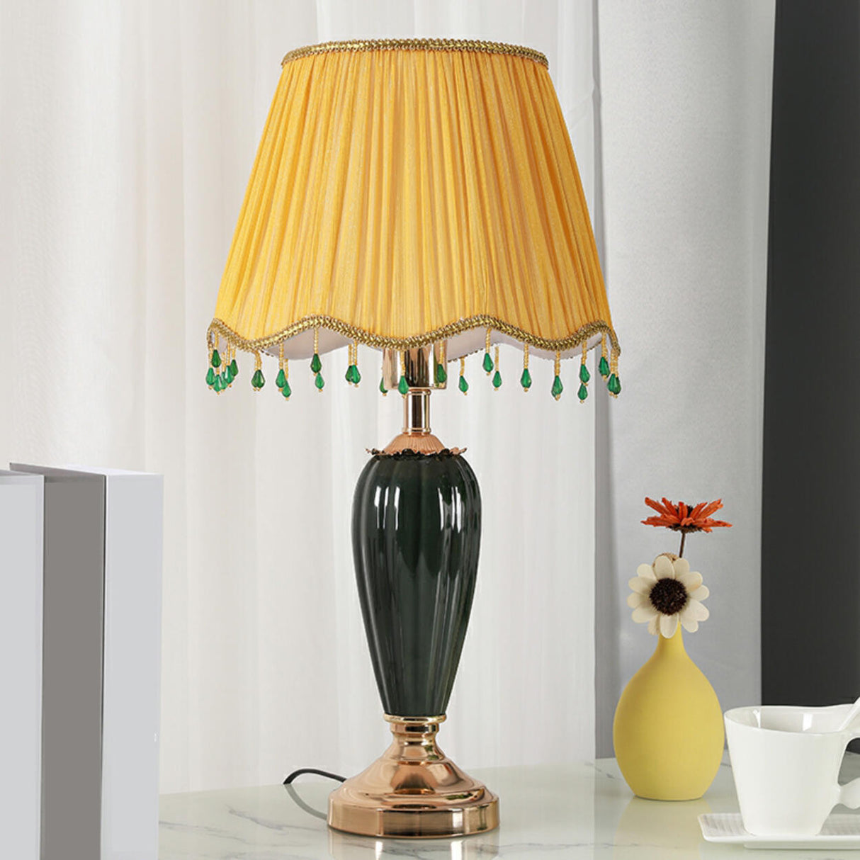 Elegant Yellow Gem Tassel Shade Green Base Table Lamp Image - 1