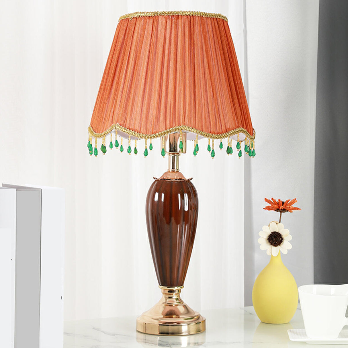 Elegant Yellow Gem Tassel Shade Green Base Table Lamp Image - 17