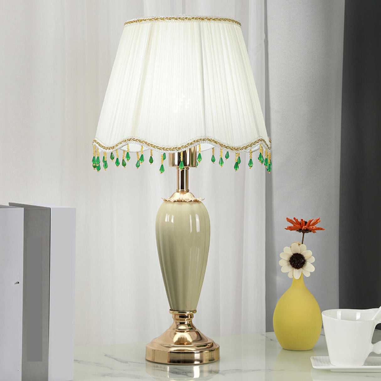 Elegant Yellow Gem Tassel Shade Green Base Table Lamp Image - 2