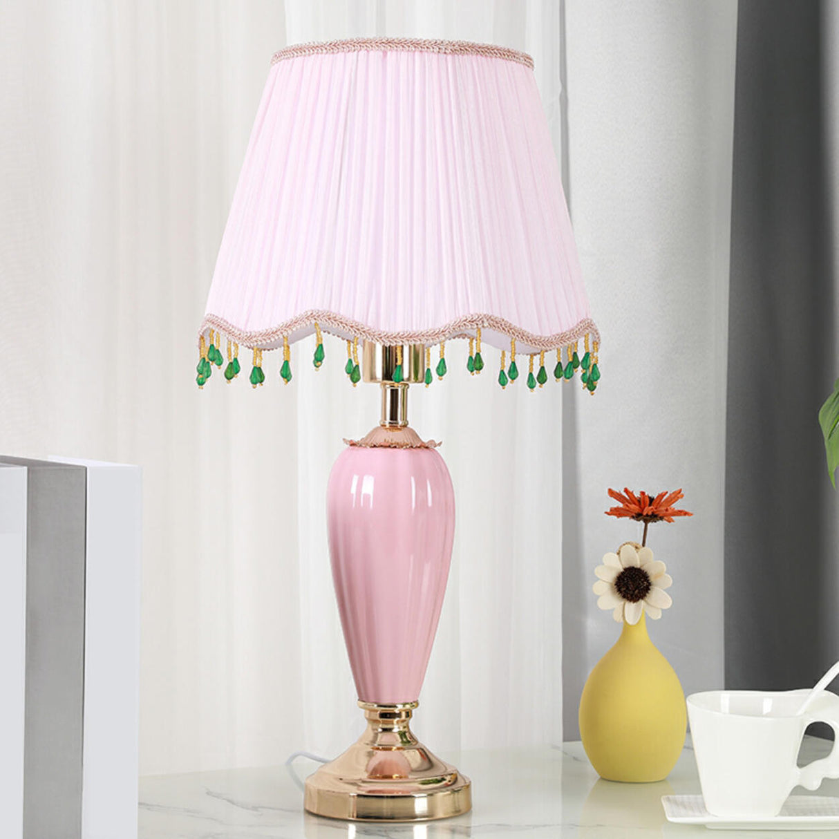 Elegant Yellow Gem Tassel Shade Green Base Table Lamp Image - 3