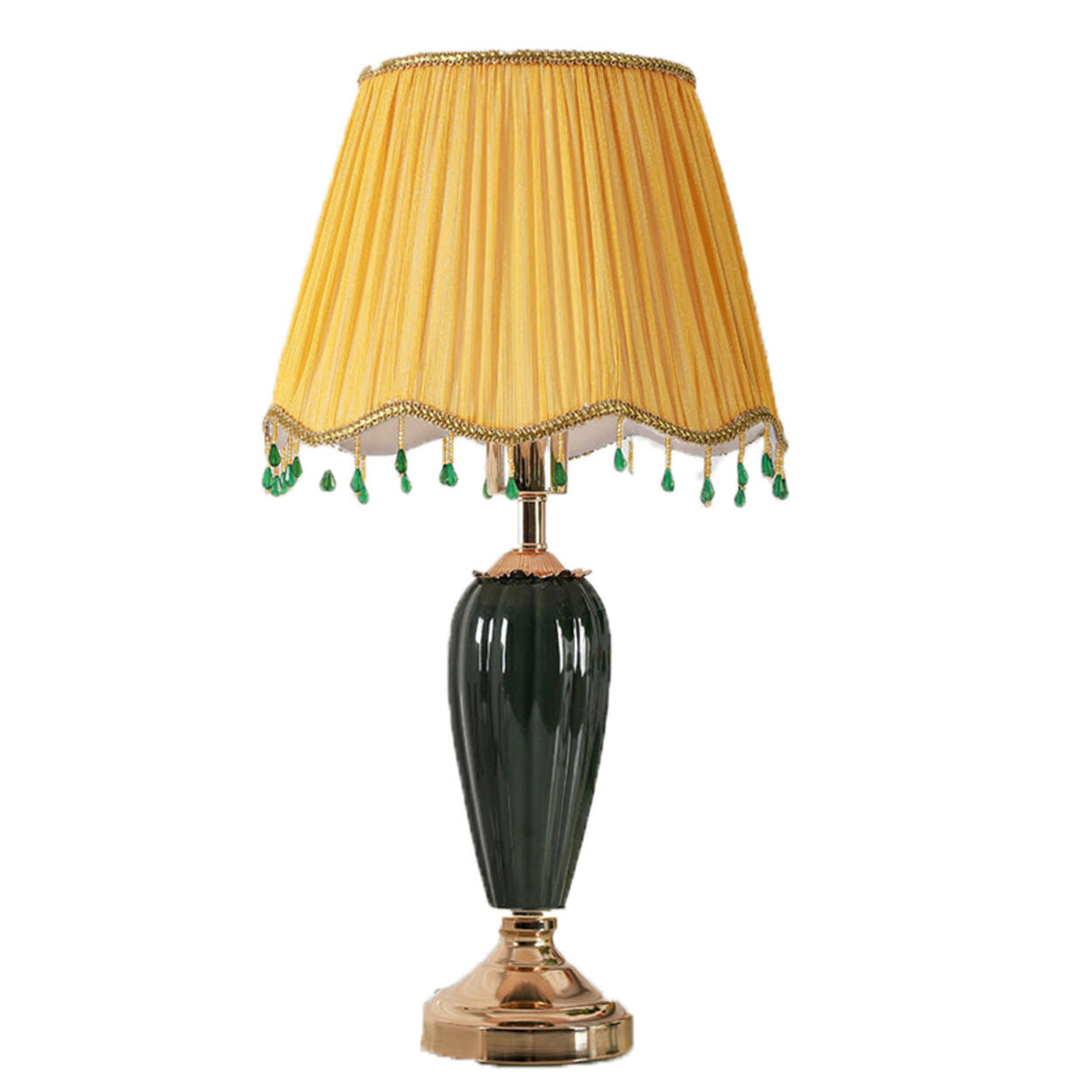 Elegant Yellow Gem Tassel Shade Green Base Table Lamp Image - 5