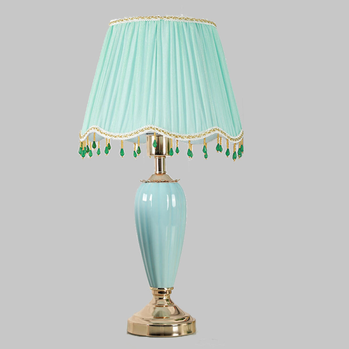 Elegant Yellow Gem Tassel Shade Green Base Table Lamp Image - 7