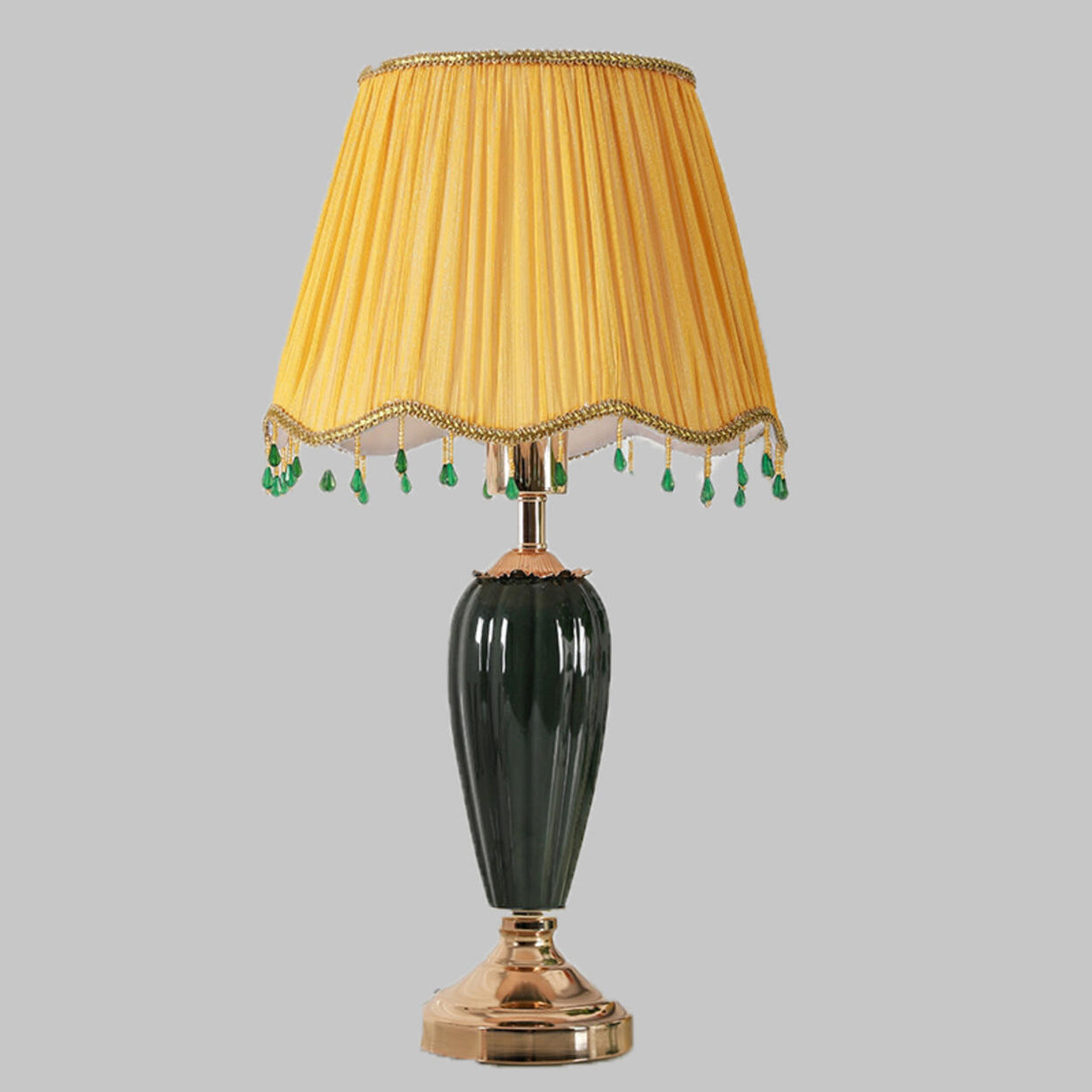 Elegant Yellow Gem Tassel Shade Green Base Table Lamp Image - 8