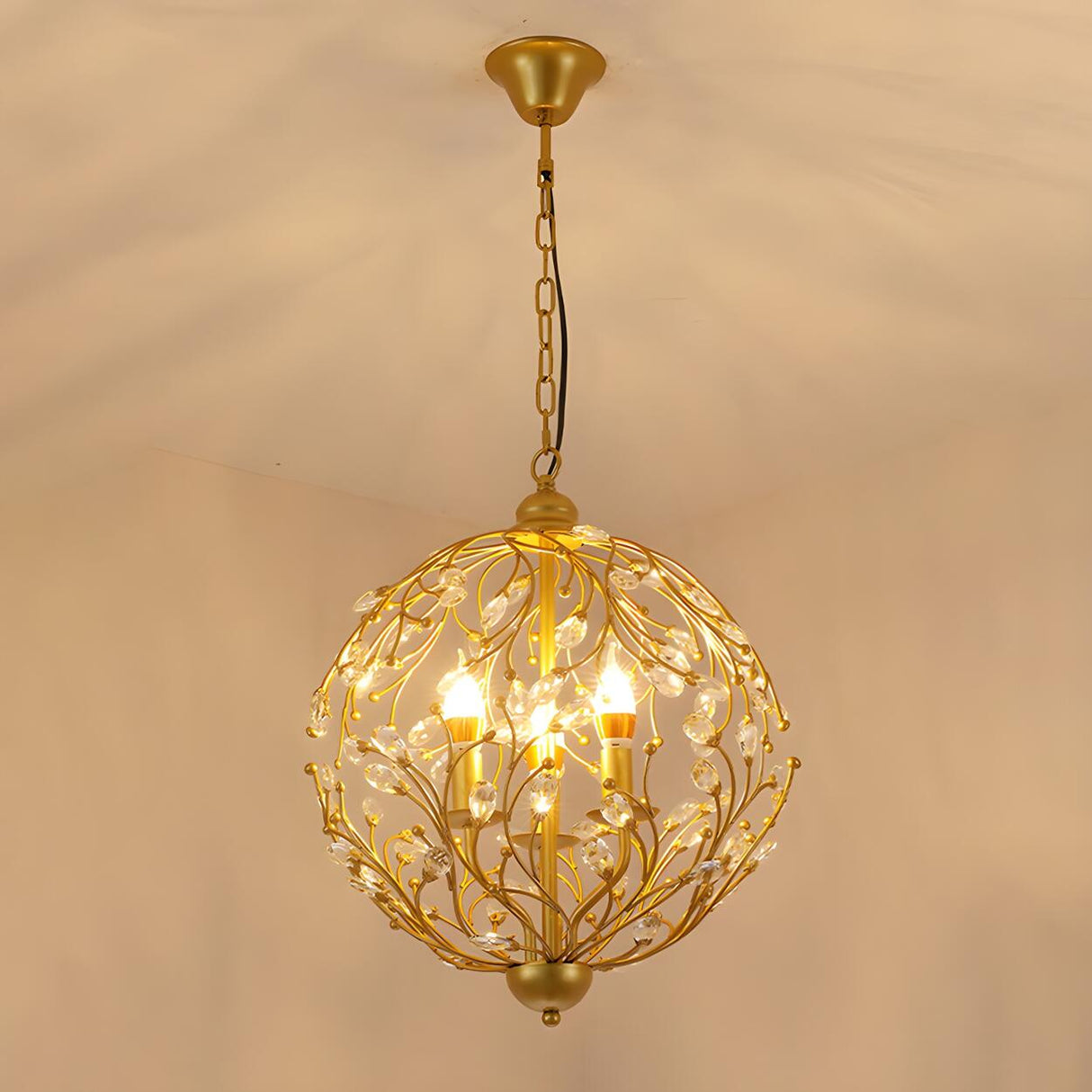 ElegantGold Spherical Crystal Leaves Candle Chandelier Image - 1