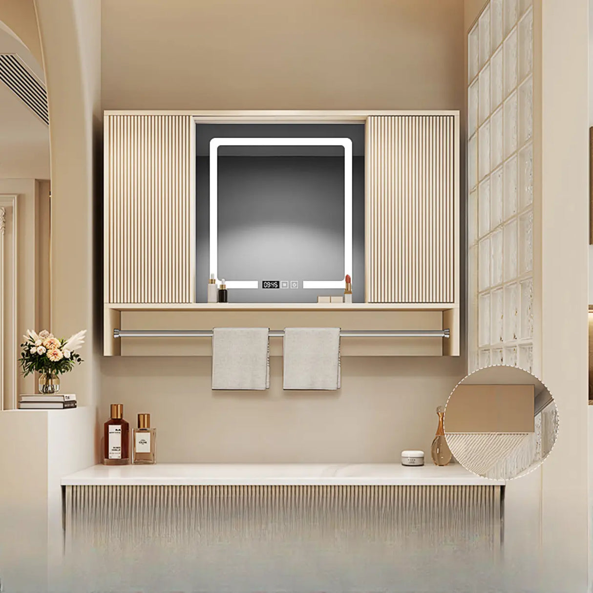 Engineered Wood Light Yellow Frameless Vanity Cabinet Image - 11