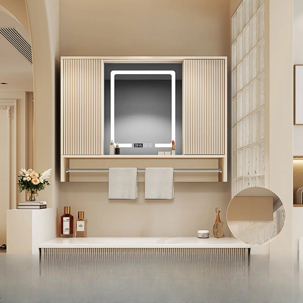 Engineered Wood Light Yellow Frameless Vanity Cabinet Image - 9