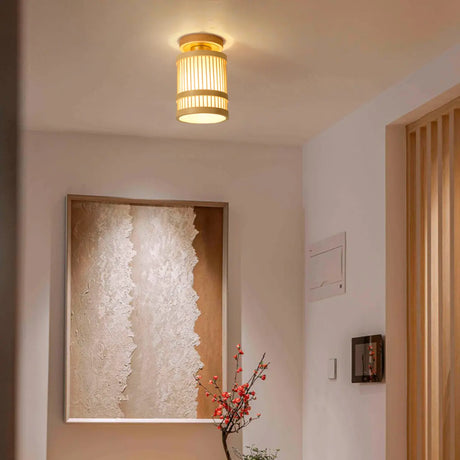 Entrance Natural Wood Cylinder Semi-Flush Mount Light Image - 1