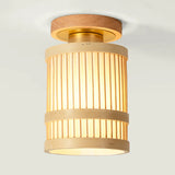 Entrance Natural Wood Cylinder Semi-Flush Mount Light Image - 4