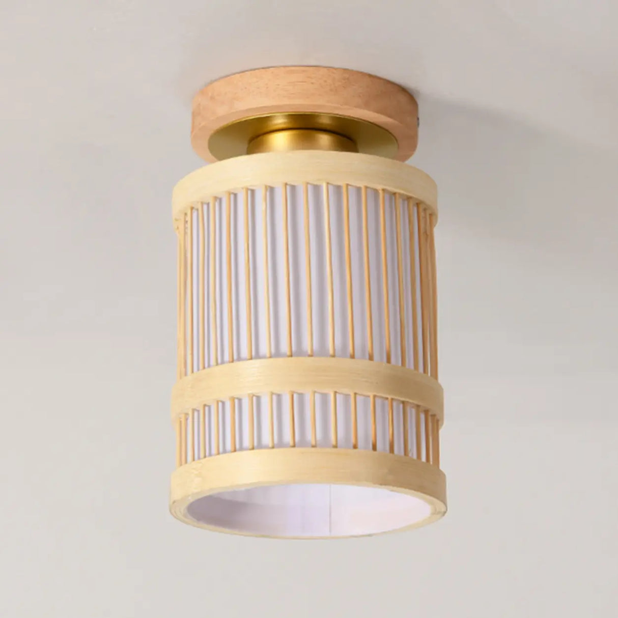 Entrance Natural Wood Cylinder Semi-Flush Mount Light Image - 8