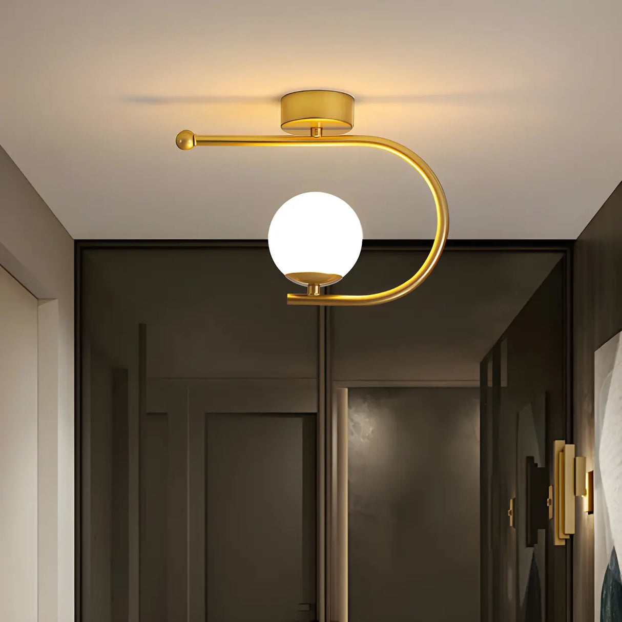 Entrance Stylish Globe Golden Semi-Flush Mount Light Image - 2