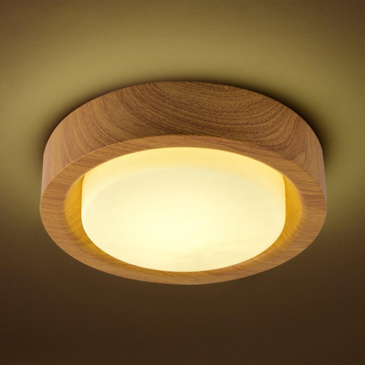 Entrance White Glass Wood Drum Flush Mount Ceiling Lamp Image - 1