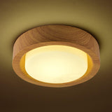 Entrance White Glass Wood Drum Flush Mount Ceiling Lamp Image - 1