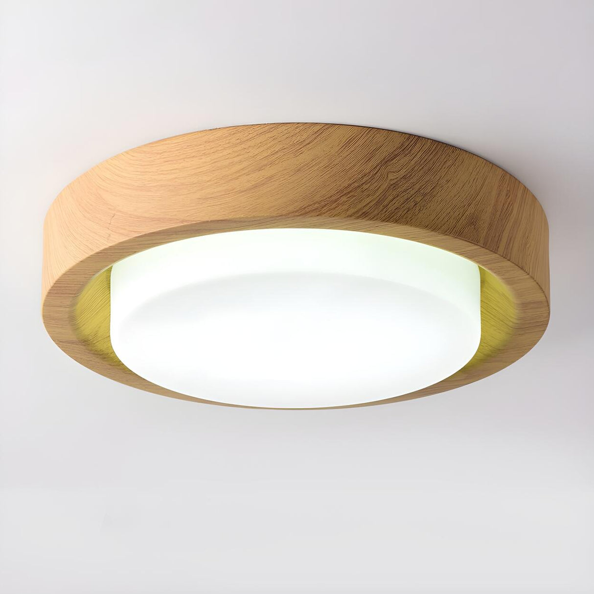 Entrance White Glass Wood Drum Flush Mount Ceiling Lamp Image - 2