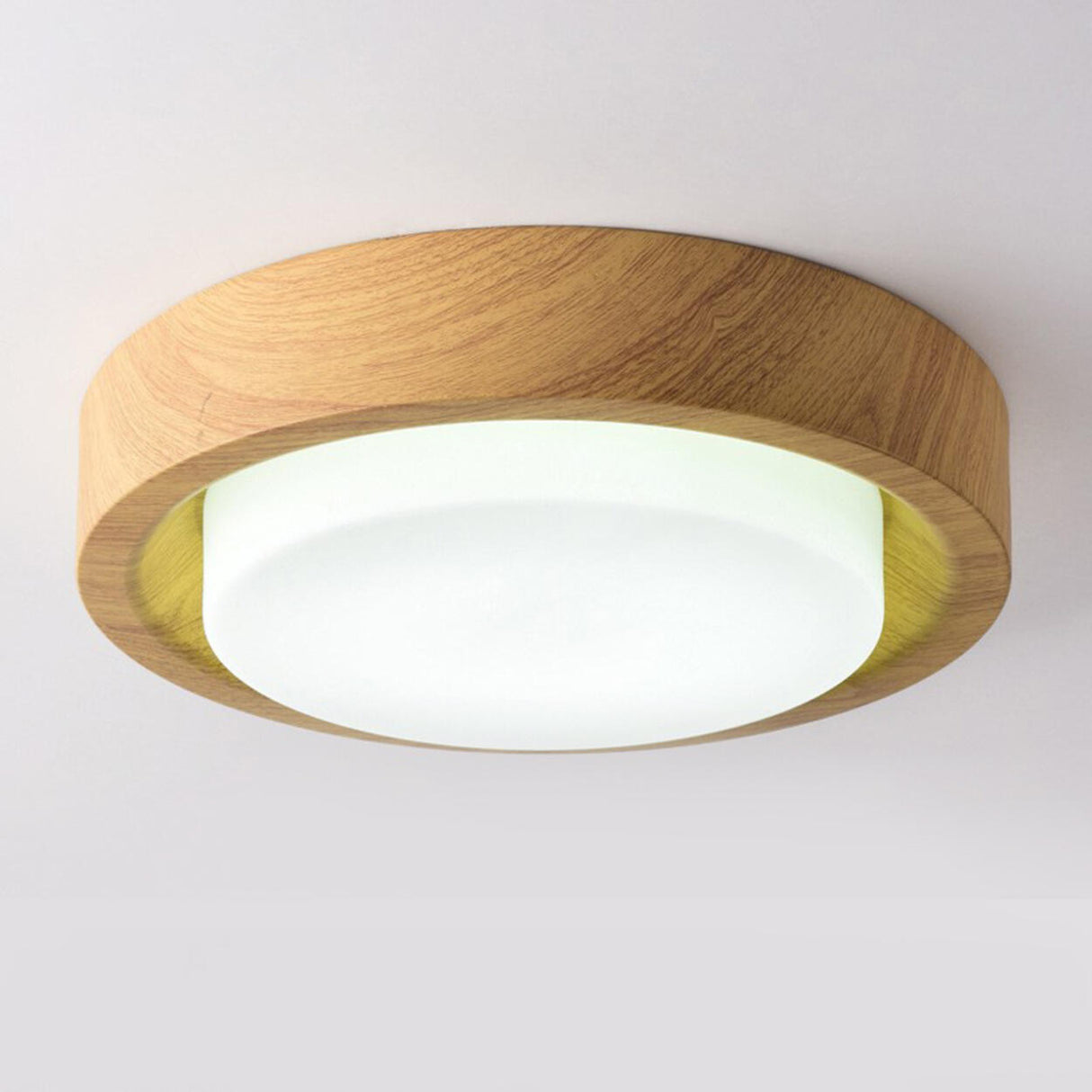 Entrance White Glass Wood Drum Flush Mount Ceiling Lamp Image - 3