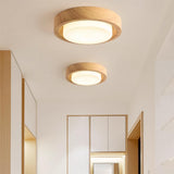 Entrance White Glass Wood Drum Flush Mount Ceiling Lamp Image - 4