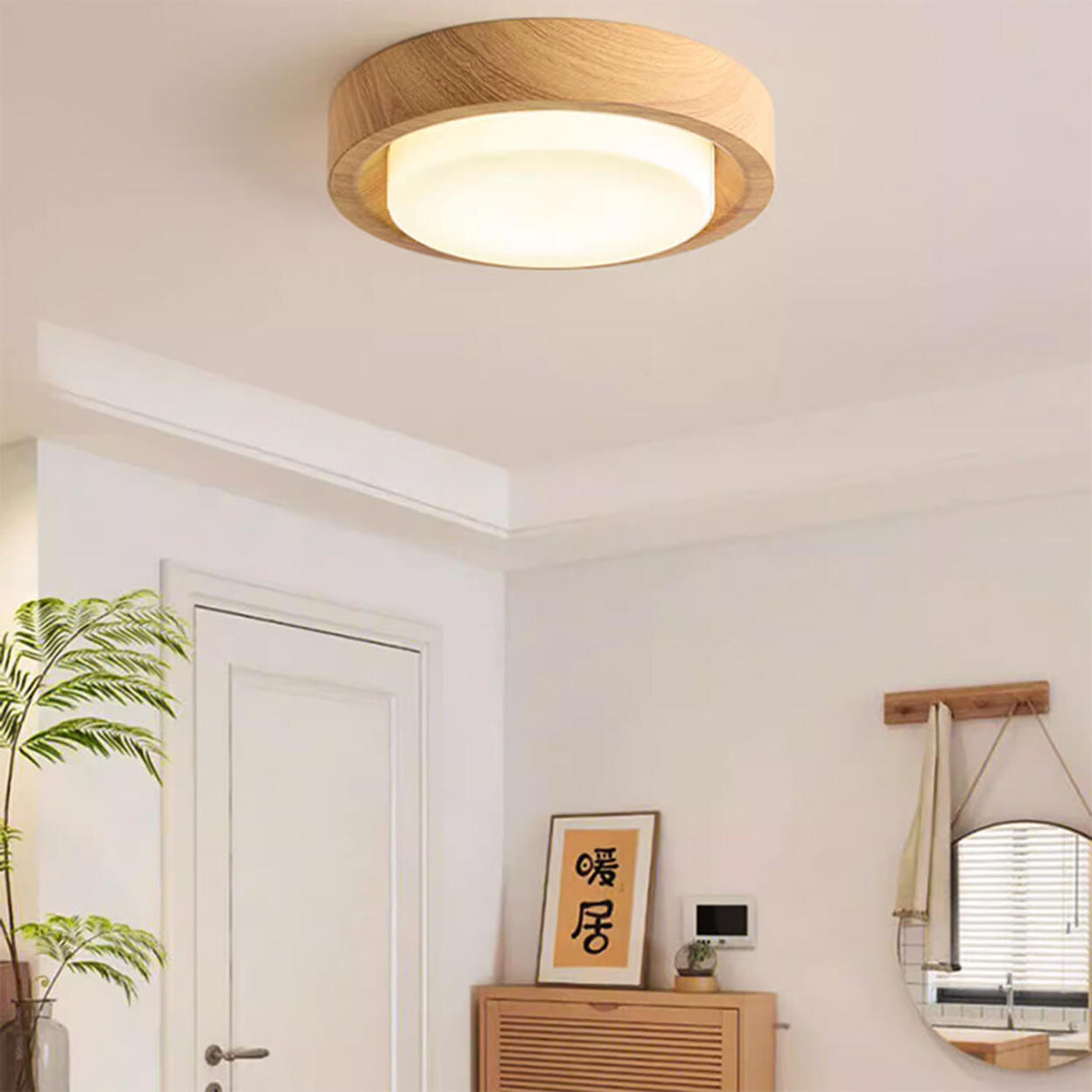 Entrance White Glass Wood Drum Flush Mount Ceiling Lamp Image - 5