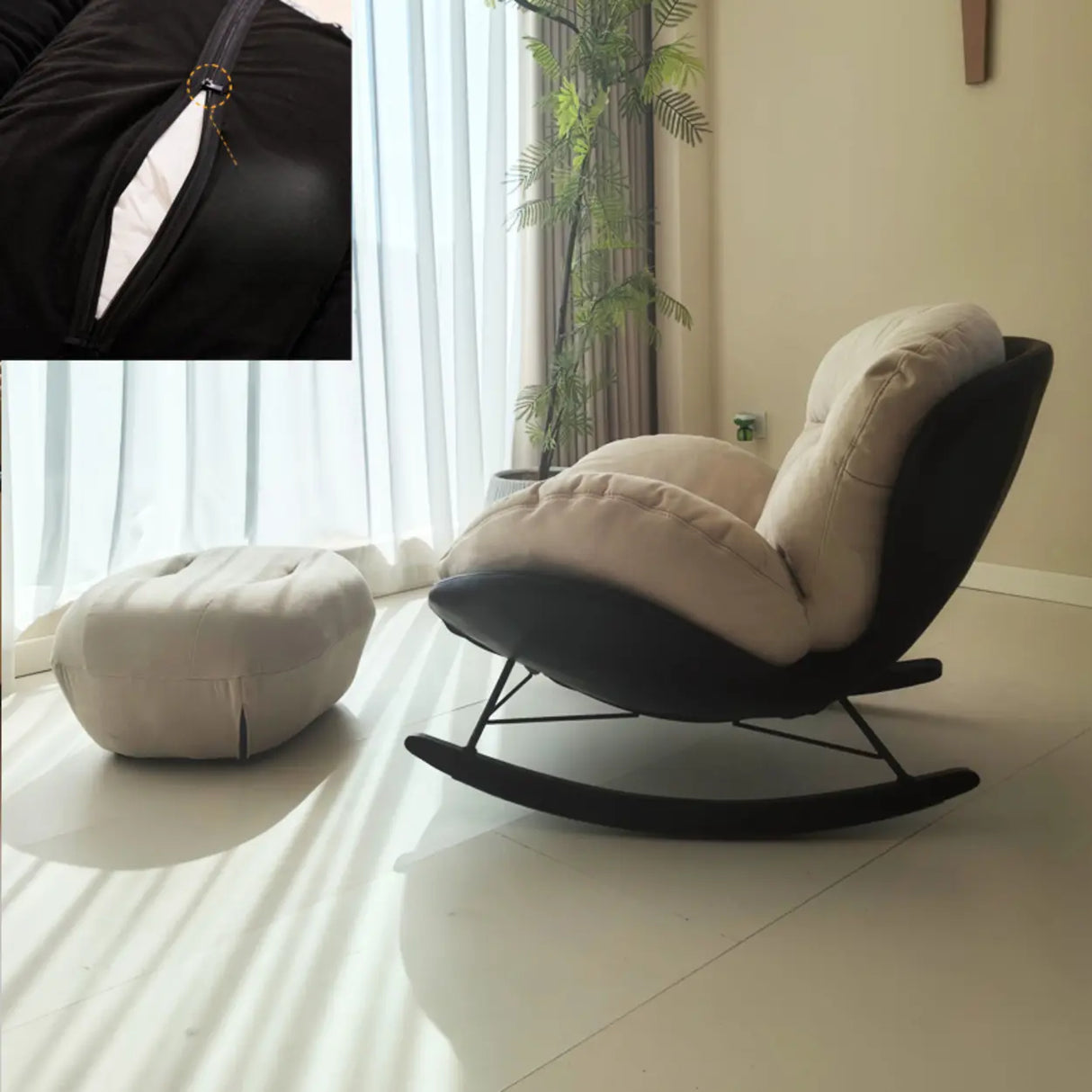 Ergonomic Black White Slipcovered Rocking Chair Image - 5