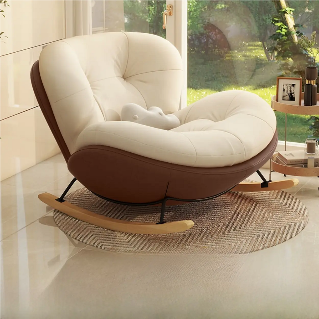 Ergonomic Metal Frame Wood Leg Tufted Rocking Chair Image - 3