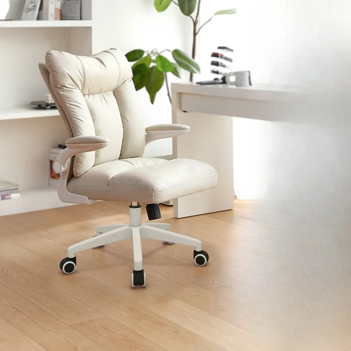 Ergonomic Off-White Modern Swivel Leather Office Chair Image - 14