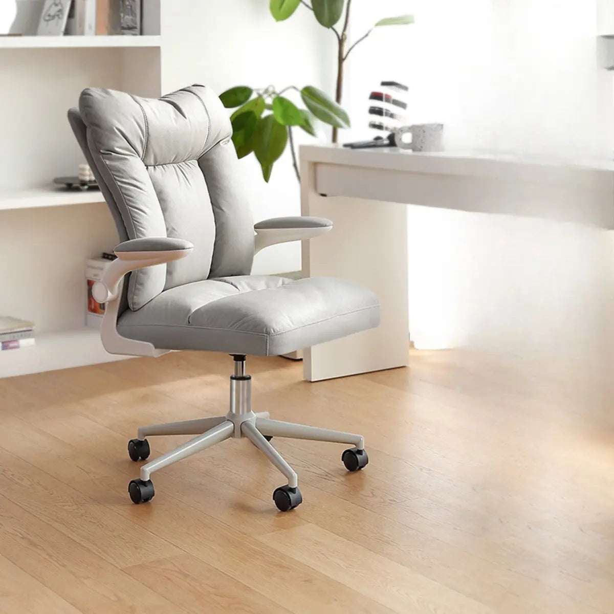 Ergonomic Off-White Modern Swivel Leather Office Chair Image - 3