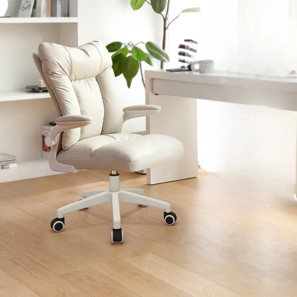 Ergonomic Off-White Modern Swivel Leather Office Chair Image - 9