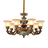 European Antique Brass Flower Glass Ceramic Chandelier Image - 3