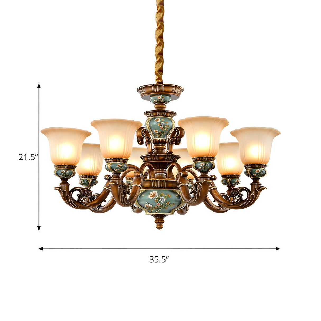 European Antique Brass Flower Glass Ceramic Chandelier Image - 4