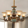 European Antique Brass Flower Glass Ceramic Chandelier Image - 5