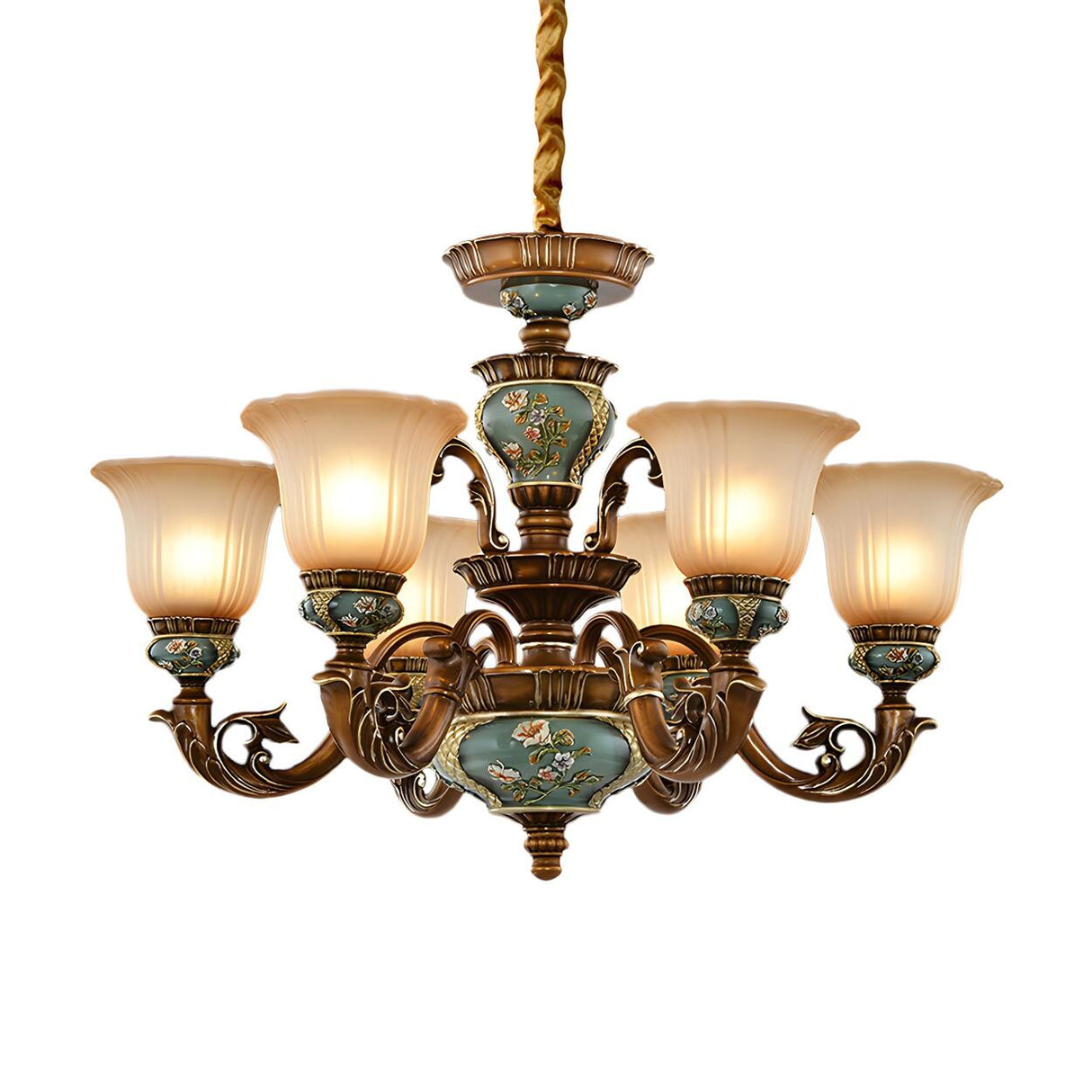 European Antique Brass Flower Glass Ceramic Chandelier Image - 7