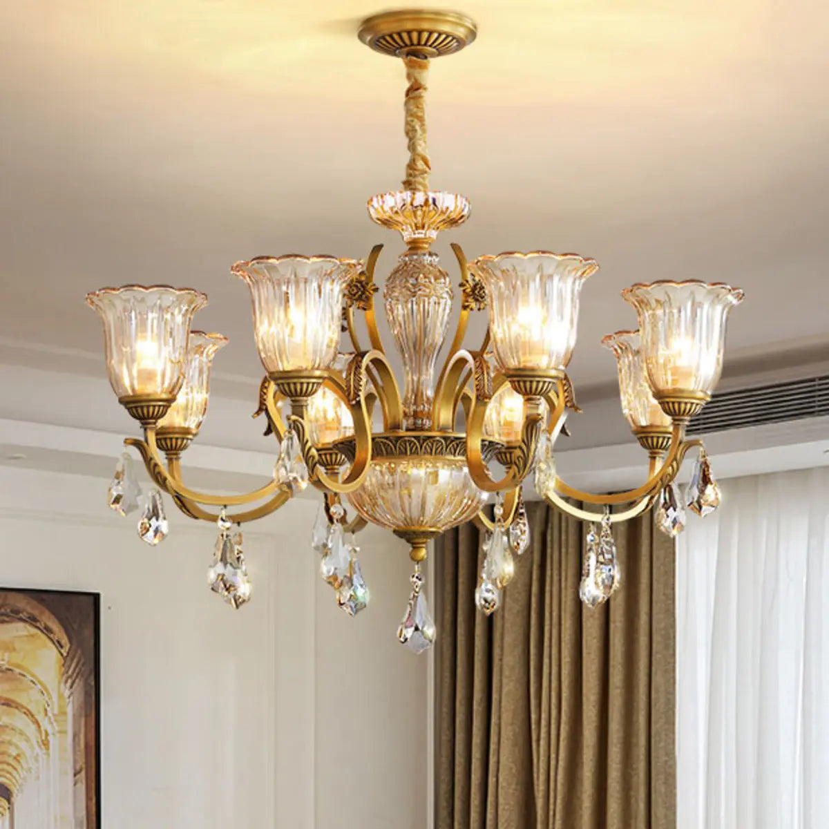 European Luxury Crystal Flower Dining Room Gold Chandelier Image - 3