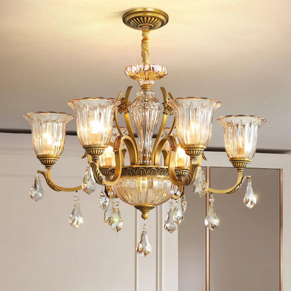 European Luxury Crystal Flower Dining Room Gold Chandelier Image - 6