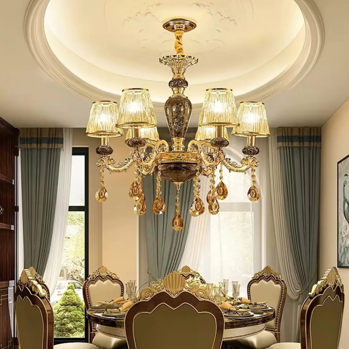 European Luxury Curved Ceramic Dining Room Gold Chandelier Image - 1