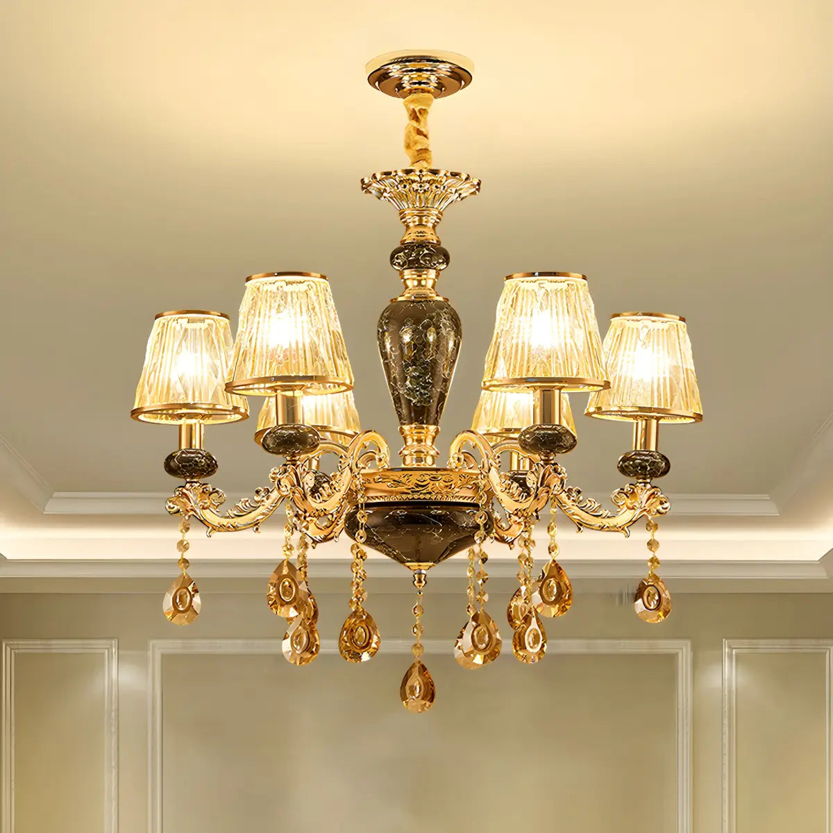 European Luxury Curved Ceramic Dining Room Gold Chandelier Image - 2