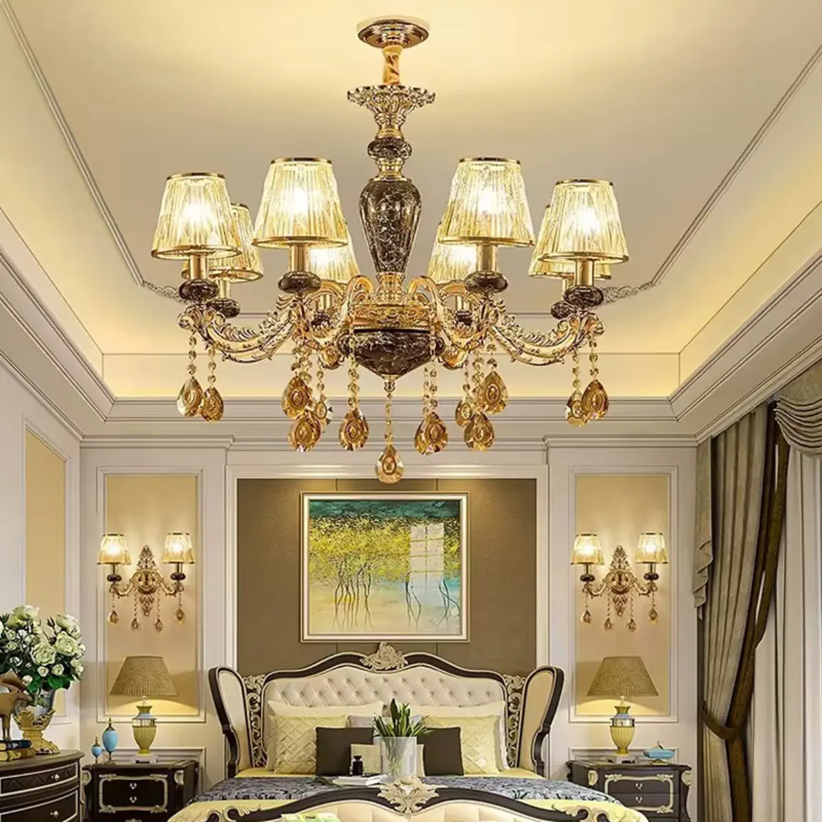 European Luxury Curved Ceramic Dining Room Gold Chandelier Image - 6