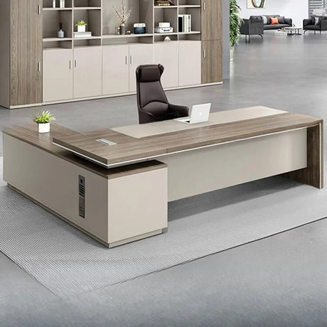 Executive Beige Brown Drawers L-Shape Long Office Desk Image - 1