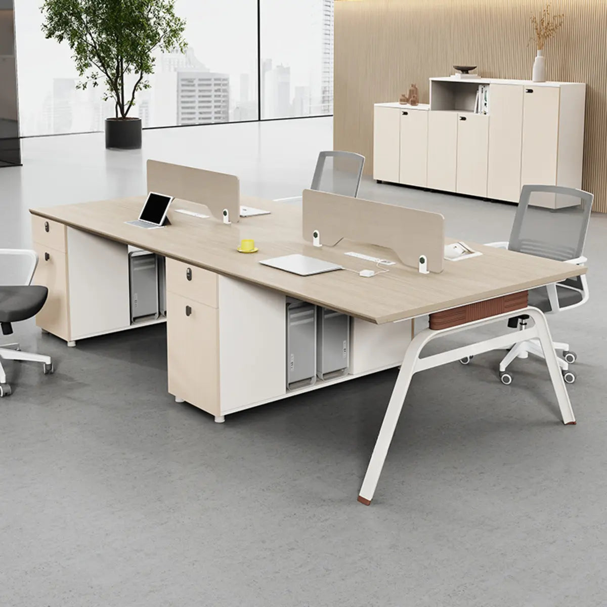 Executive Beige Wood Medium Office Desk Set with Cabinets Image - 1