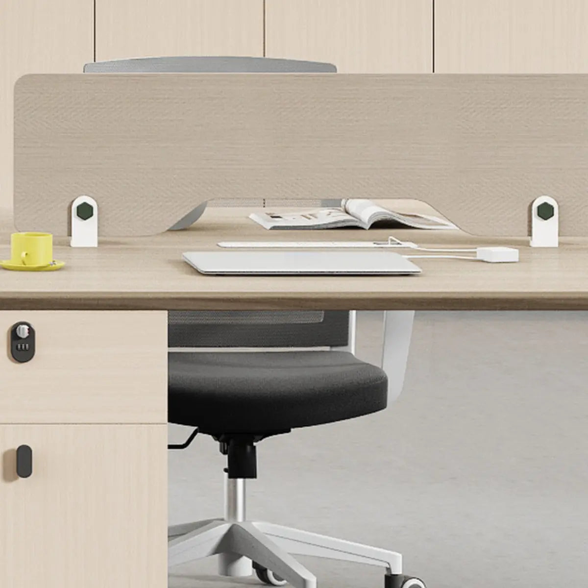 Executive Beige Wood Medium Office Desk Set with Cabinets Image - 8