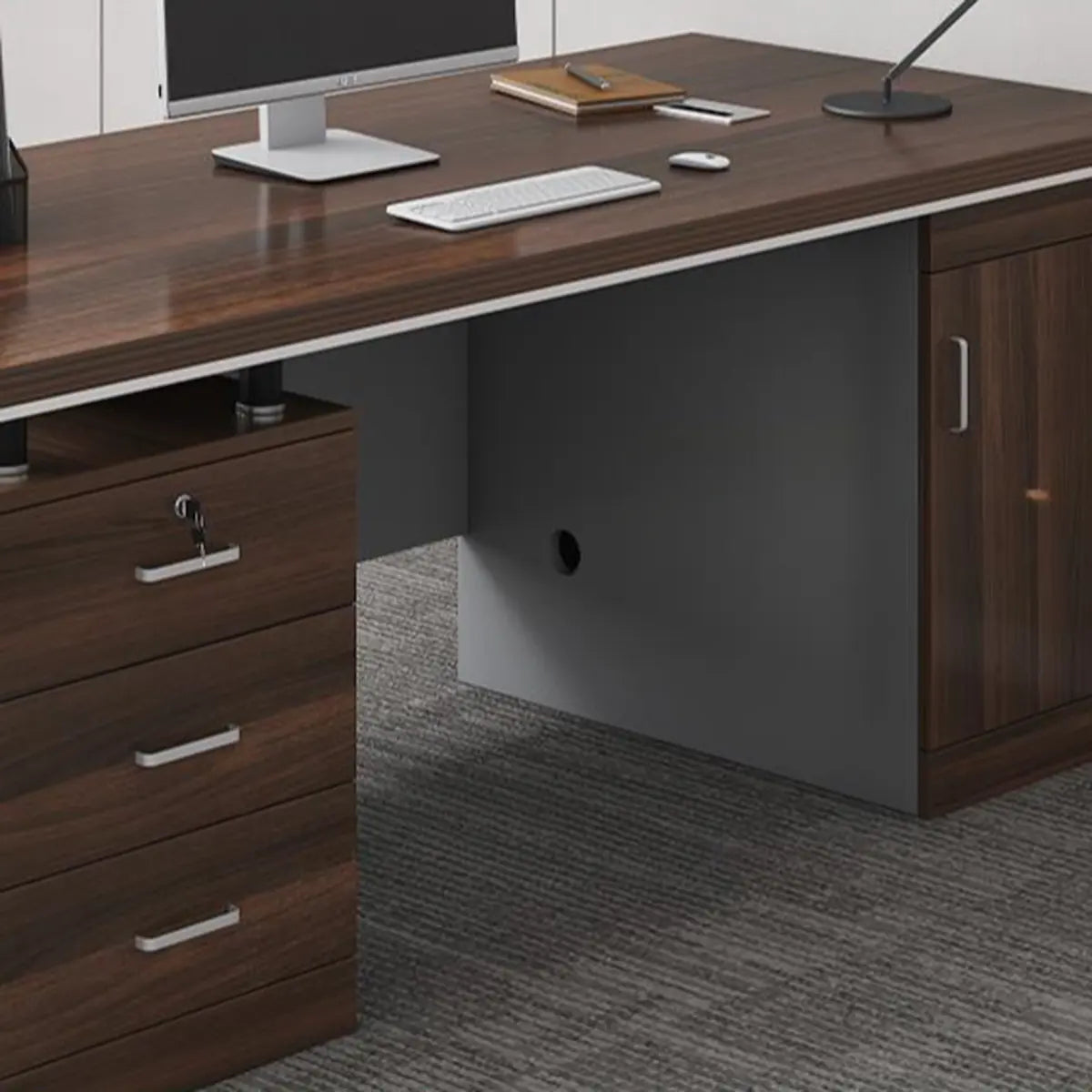 Executive Brown Wooden Cabinet Drawer Computer Desk Image - 10